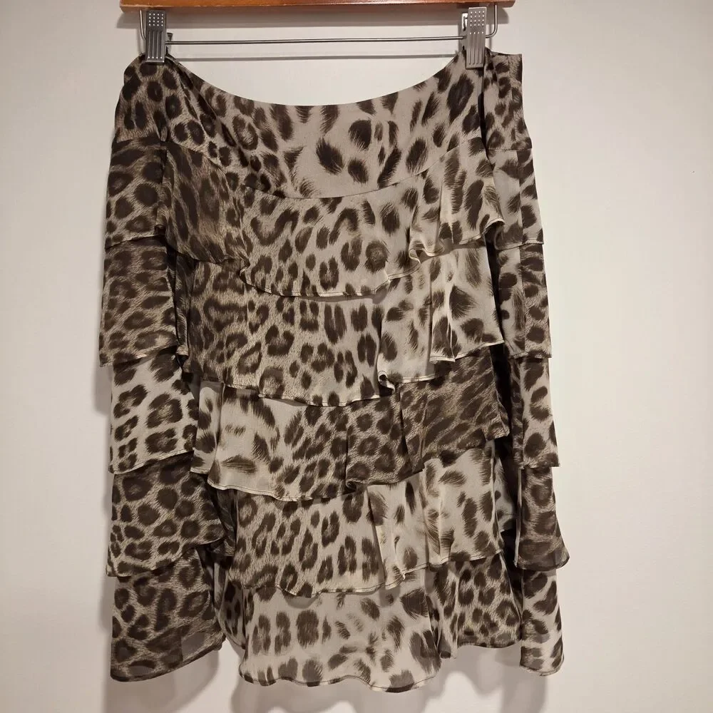 Talbots CHIFFON LEOPARD CHEETAH TIER RUFFLE SKIRT 14P Womens Y2K Preppy 00s